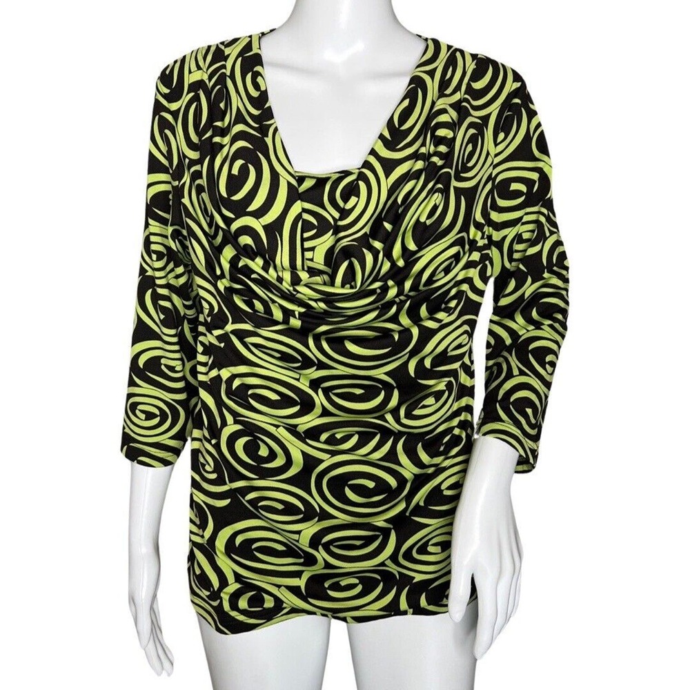 Prima Bella Shirt Women Medium Black Green Swirls Casual Office Slinky‎ Artsy